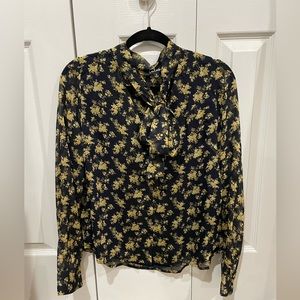 Lulus navy and gold tie neck floral blouse